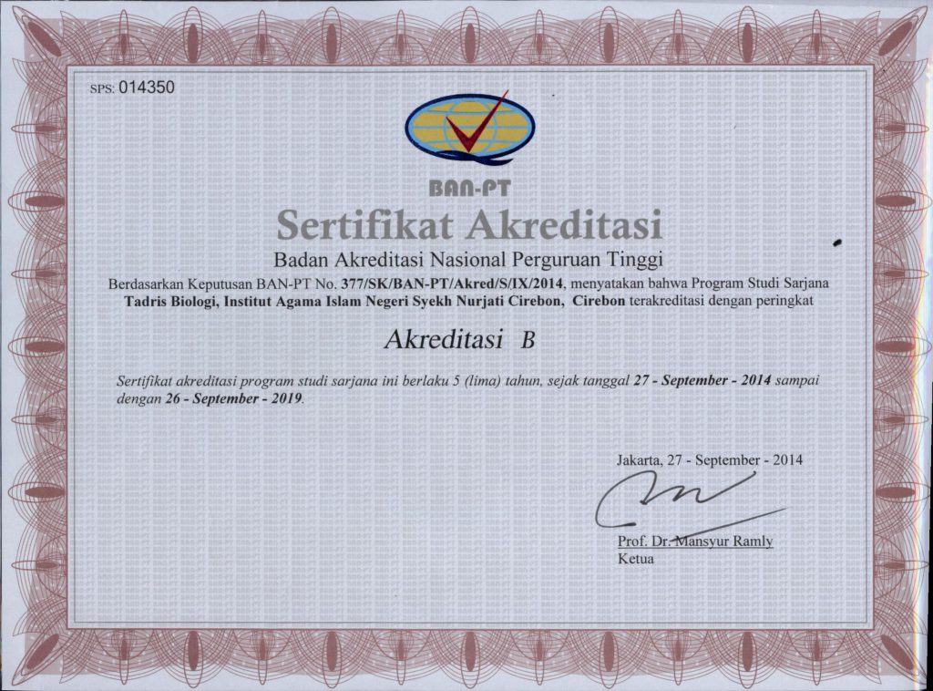 Sertifikat Akreditasi Jurusan Tadris Biologi Tahun 2014