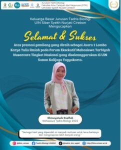 Mahasiswa Tadris Biologi, Ghinayatudz Dzalfah Raih Juara 1 LKTI Nasional di UIN Sunan Kalijaga