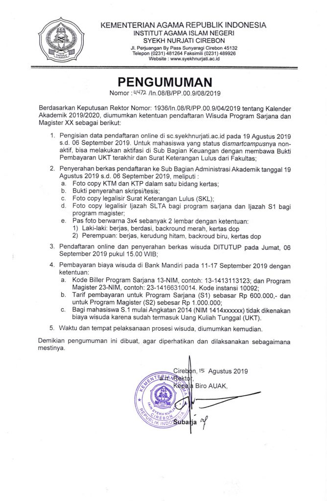 Pengumuman Pendaftaran Wisuda 2019