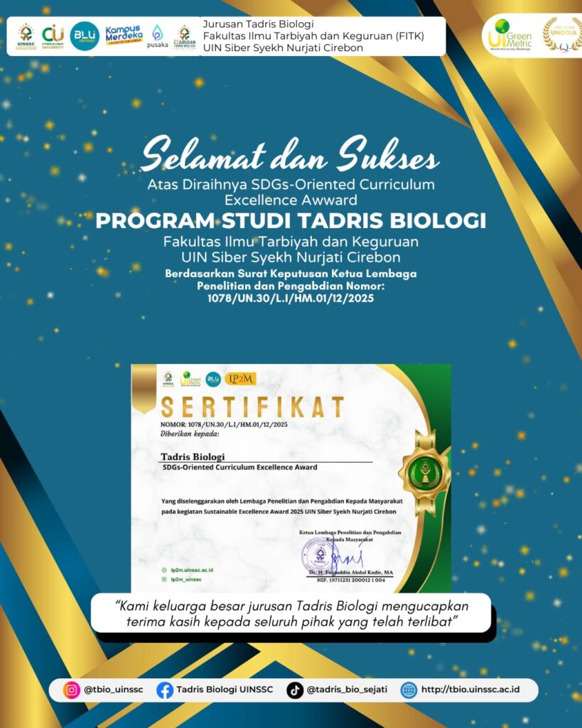 Tadris Biologi UIN Siber Syekh Nurjati Raih SDGs-Oriented Curriculum Excellence Award